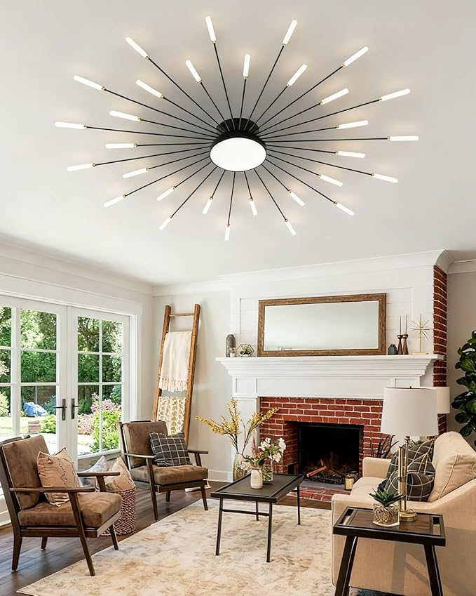 30 Lights Led Ceiling Light, 51 Inch Modern Semi-Recessed Chandelier, Black Indoor Lighting for Living Room Bedroom Kitchen Dining Room, 42W Fireworks Decorative Ceiling Light Close To The Ceiling