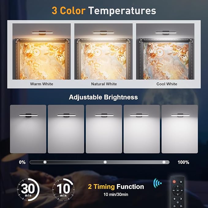 Picture Light, Rechargeable Picture Lights for Wall with Remote, 300 LM, Brightness Dimmable, Art Light for Poster, Artwork, Gallery, Display, Black(1p)
