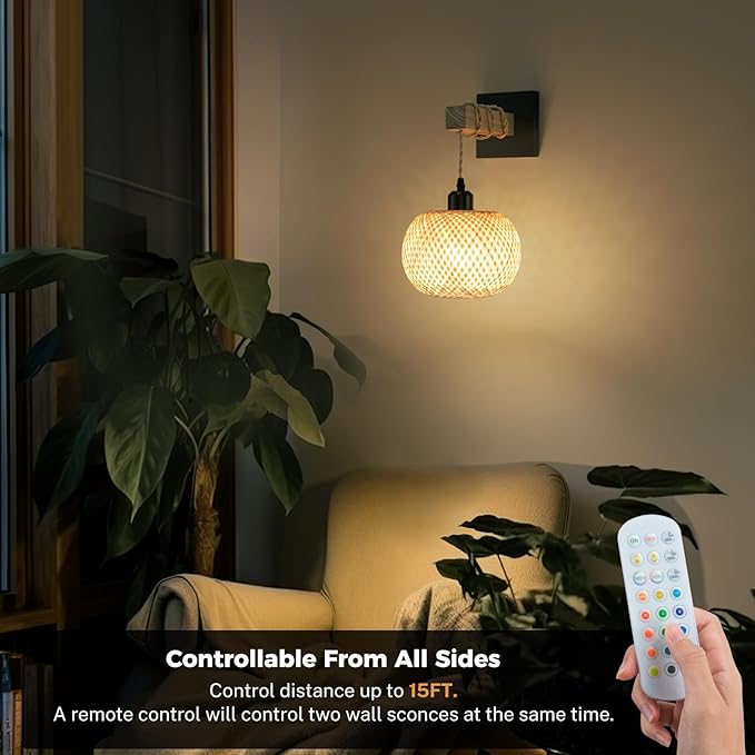 Battery Operated Wall Sconce with Remote Set of 2, Rechargeable Rattan Wall Sconces with 8000mAh Bulbs, Woven Bamboo Wall Light/Lamp Boho Wall Sconce for Bedroom (Black)