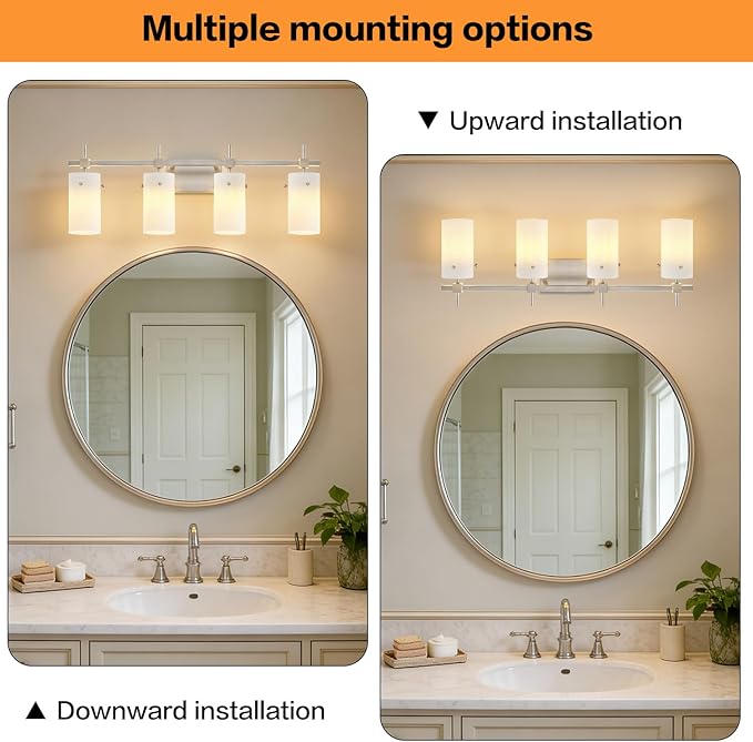 SOLFART 4 Light Bathroom Vanity Lights Over Mirror, Vintage Bathroom Lighting Brushed Nickel Wall Sconce with Milky White Glass Shade