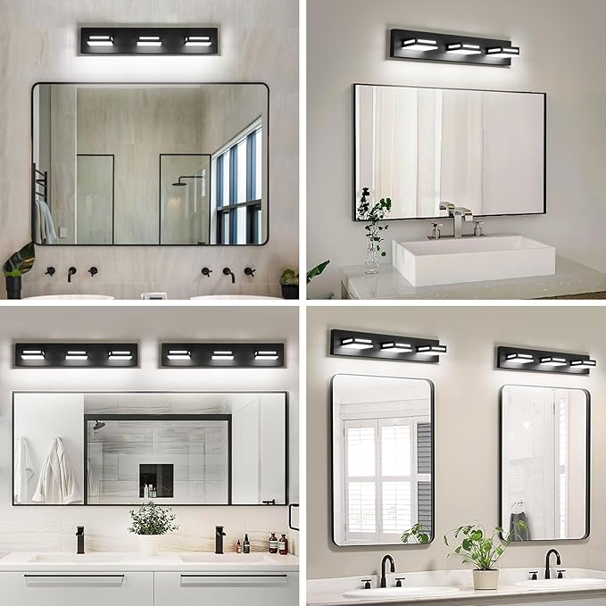 LED Modern Bathroom Light Fixtures, 3-Light 24-Inch Matte Black Vanity Lights for Bathroom Lighting Fixtures Over Mirror, 6000K Cool White 350° Rotatable Wall Lamp