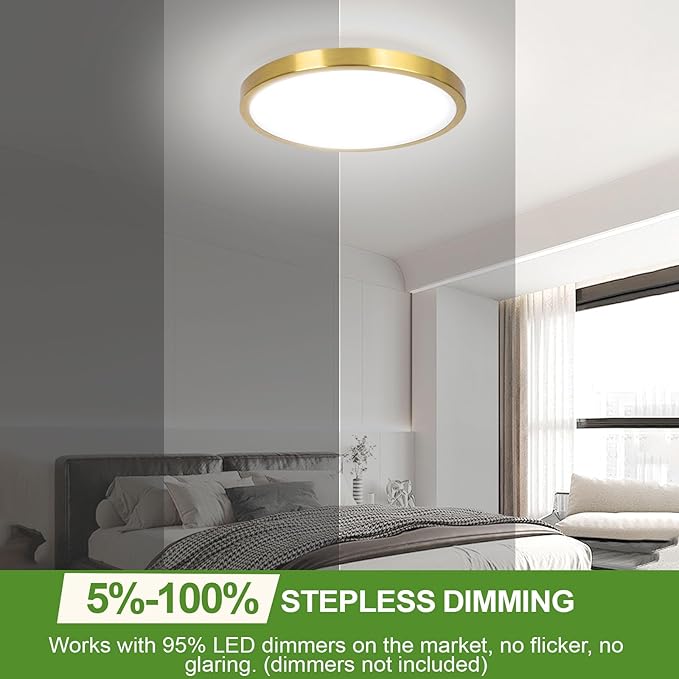 13 Inch Flush Mount Light Fixtures, 2-Pack 36W 3600lm Gold LED Ceiling Lights with 2700K-6500K 5 Color Temperatures, Modern Round LED Lights for Kitchen Bedroom Bathroom Living Room Closet