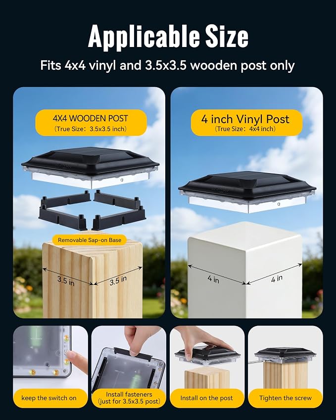 Solar Post Cap Lights 16 LEDs Outdoor Waterproof 12 Pack for 4x4 Vinyl/Wooden Fence Post Light Solar Powered with 3000/4500/6000K 3 Modes, Deck Post Cap Light for Garden, Patio, Porch
