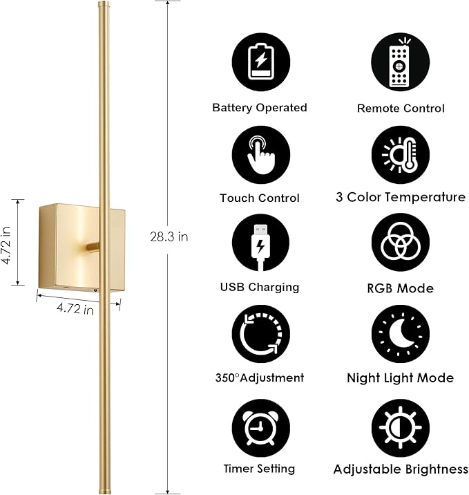 KARTOOSH 28.3 Inch 9 RGB Color Battery Operated Wireless Wall Sconces Set of Two, with Remote, Dimmable, Warm/Natural White/Daylight, Rotatable, LED Wall Light for Living Room, Bedroom, Gold