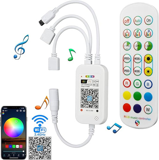 RGBZONE 2.4GHz WiFi LED Controller, IR Wireless Remote Control, 2-Ports Smart 4-PIN RGB LED Controller, Music Sync, for SMD 5050 3528 LED Light Strips(2 Ports)