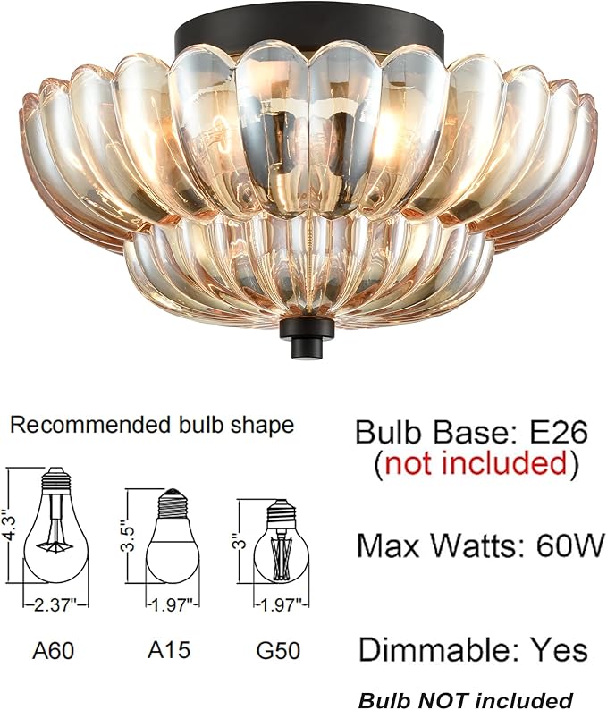 HYDELITE Modern Black Flush Mount Ceiling Light 3-Light Close to Ceiling Light Fixtures with Scalloped Amber Glass Shade for Living Room Entryway