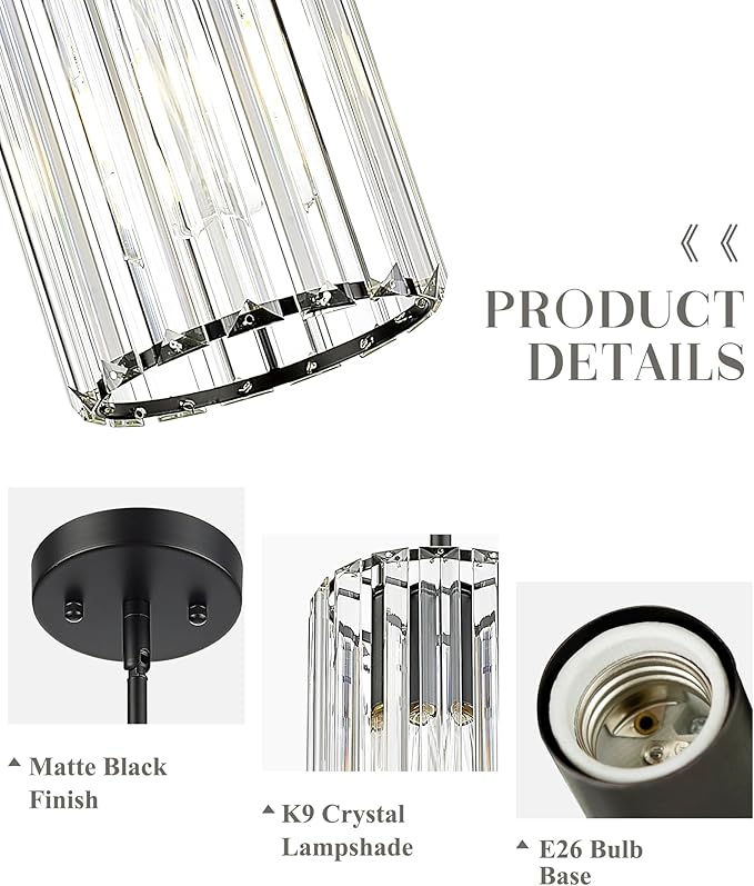 Crystal Pendant Light, Mini Chandelier with Matte Black Finish, Modern Hanging Light Fixture for Kitchen Dining Room Bedroom, CKPL5510-1P-BK