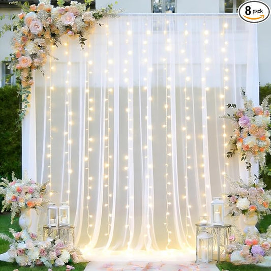 White Tulle Backdrop Curtain with Lights, Elegant Sheer Photo Backdrop Drapes, Soft Fabric Curtain for Weddings Brithday Parties Photography Background Decor, 10ftx8ft