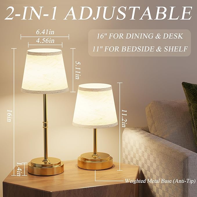 Rechargeable Cordless Table Lamp Gold - 1 Pack Brass 7500mAh Battery Operated Lamp, Small Antique Brass Aesthetic Desk Lamp for Kitchen Counter, Bathroom Vanity & Dining Room