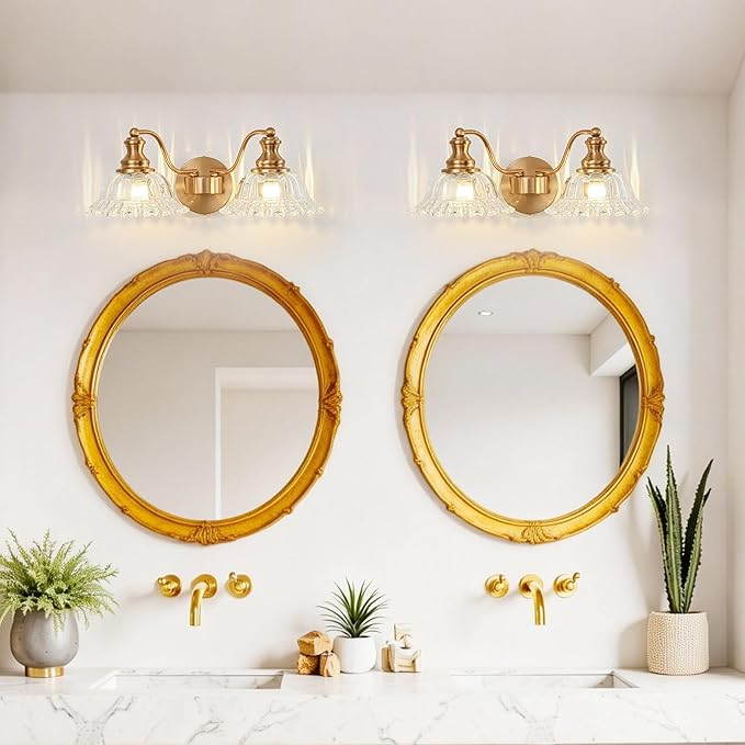 Gold Bathroom Light Fixtures Over Mirror, 2 Light Vintage Bathroom Vanity Light Fixture with Clear Flower Glass Shades, Retro Brass Vanity Lights for Bathroom, Bathroom Vanity Lights Over Mirror