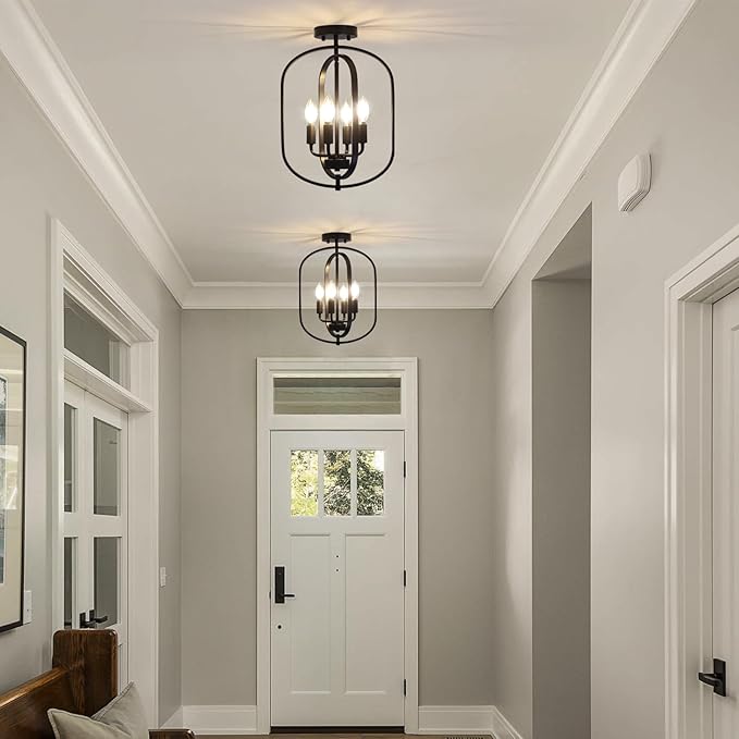 Black Semi Flush Mount Ceiling Light Fixture, Modern Close to Ceiling Light Fixtures Ceiling Mount, Dimmable Foyer Kitchen Lighting Fixtures Ceiling Lights for Bedroom, Hallway, Laundry Room, Entryway