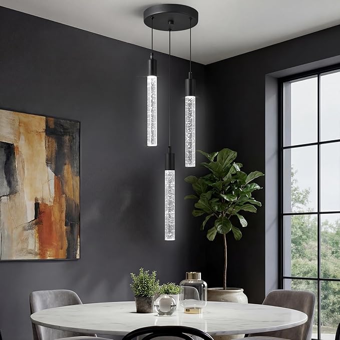 Modern Light Fixture Kitchen Island Pendant Light Dimmable LED Black Pendant Lights Mini Crystal Pendant Lighting for Bedroom Dining Room Living Room（3-Light ）