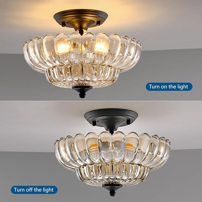 HuixuTe Modern Semi Flush Mount Ceiling Light, 3-Light Black Close to Ceiling Light Fixture with Cognac Glass Shade for Living Room Entryway Bedroom