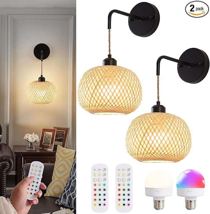 Vitnucrol Battery Operated Wall Sconce Set of Two, Bamboo Rechargeable Boho Wireless Sconces with Remote, Dimmable Non-Hardwired Farmhouse Wall Lights for Bedroom Living Room (Black, 8 inches)