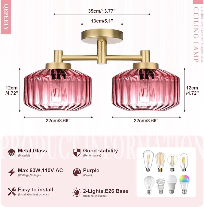 2-Light Purple Flush Mount Ceiling Light Fixture, Modern Close to Ceiling Chandelier, Overhead Lighting for Bedroom, Hallway, Entryway, Living Room, Easy to Install