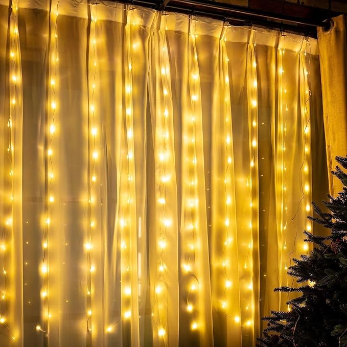 195 LED Curtain String Lights,6.5 x 5 ft Battery Operated USB Powered light with 8 Modes Dimmable Timer,Copper Tapestry Twinkle Fairy Lights for Christmas Bedroom Backdrop Wedding Indoor Outdoor Decor