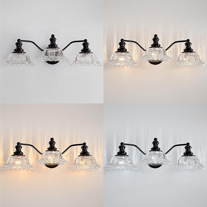 Espird Black Bathroom Light Fixtures Over Mirror, 3 Light Vintage Bathroom Vanity Light Fixture with Clear Flower Glass Shades, Retro Matte Black Wall Sconce E26 Vanity Lights for Bathroom