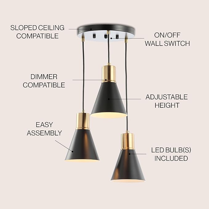 JONATHAN Y 15" Black/Brass Gold Apollo Mid-Century Modern Iron LED Pendant, Black Metal Shade, Adjustable Hanging Ceiling Light for Kitchen Island, Hallway, LED Bulb Included (JYL6133A)