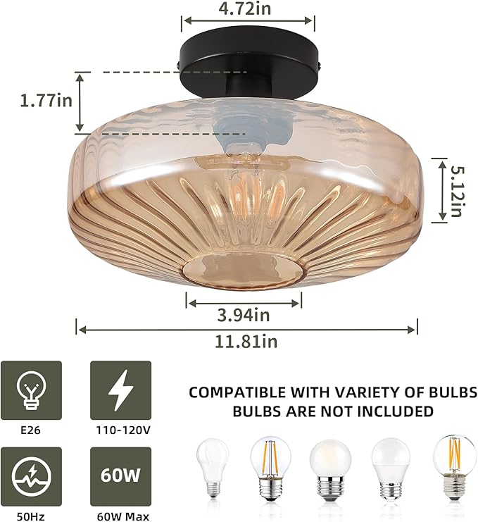 Semi Flush Mount Ceiling Light,11.8 inch Vintage Warm Amber Glass Ceiling Light Fixture,Living Room Lighting Fixtures Ceiling for Hallway Porch Bedroom Bathroom Dining room,E26 Base(Bulb Not Included)