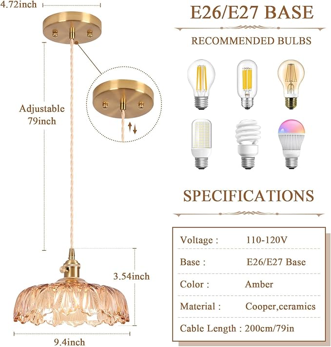 Pendant Light Fixtures,Finish Ceiling Hanging Lamp 9.4" E26 Vintage Green Glass Hanging Pendant Lights for Bedroom Living Room Hallway