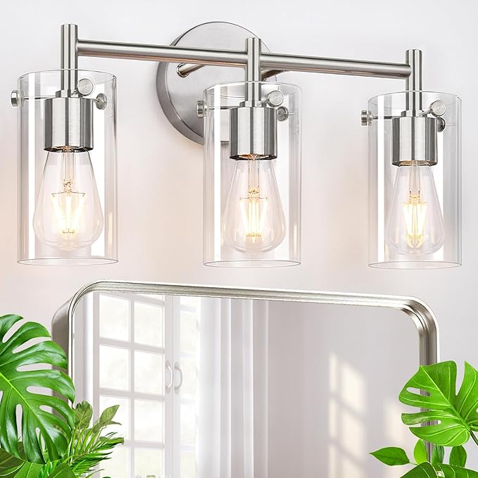 Indoi 3-Light Brushed Nickel Bathroom Vanity Light Fixtures, Clear Glass Shade Wall Sconces for Mirror, Bedroom, Living Room, Hallway