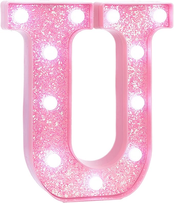 Pink Marquee Light Up Letters, Glitter Alphabet LED Letter Lights for Pink Birthday Party Decorations, Battery Operated Letter Sign for Girls Room Vanity Table Decor, Cool White Lights Letter U
