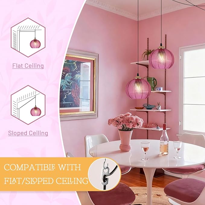 Purple Glass Plug in Pendant Light for Living Room, Black Vintage Hanging Ceiling Light Mid Century Hanging Lamp for Kitchen Bedroom Dining Room, Boho Light Fixtures