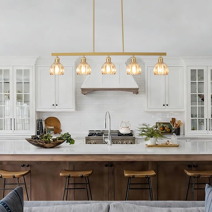 Modern Flower Dining Room Light Fixture, Gold Chandelier for Entryway, 5-Light Kitchen Island Lighting Hanging Pendant Light Fixtures, Glass Chandelier Flower Lamp for Foyer Bedroom Living Room（Amber）