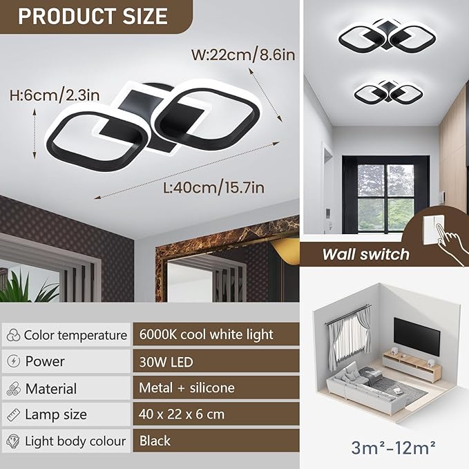ElDISUNY Modern LED Ceiling Lights, 30W Black Square Ceiling Lights Fixture for Kitchen,Close to Ceiling Lights for Hallway Bedroom Dining Room -30w Cool White Light 6000K