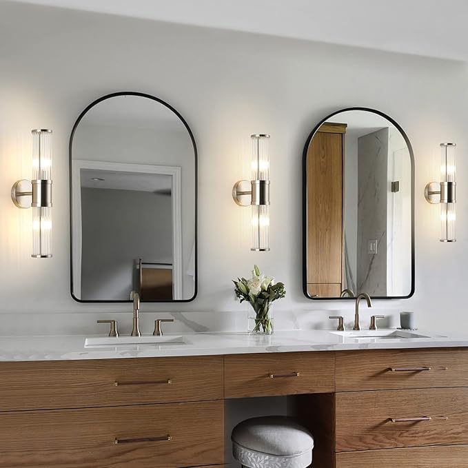 Brushed Nickel Wall Sconce with Glass Rods - Modern Industrial Vanity Light Fixture, E12 Candelabra Base for Bathroom, Bedroom & Hallway (Bulbs Not Included)