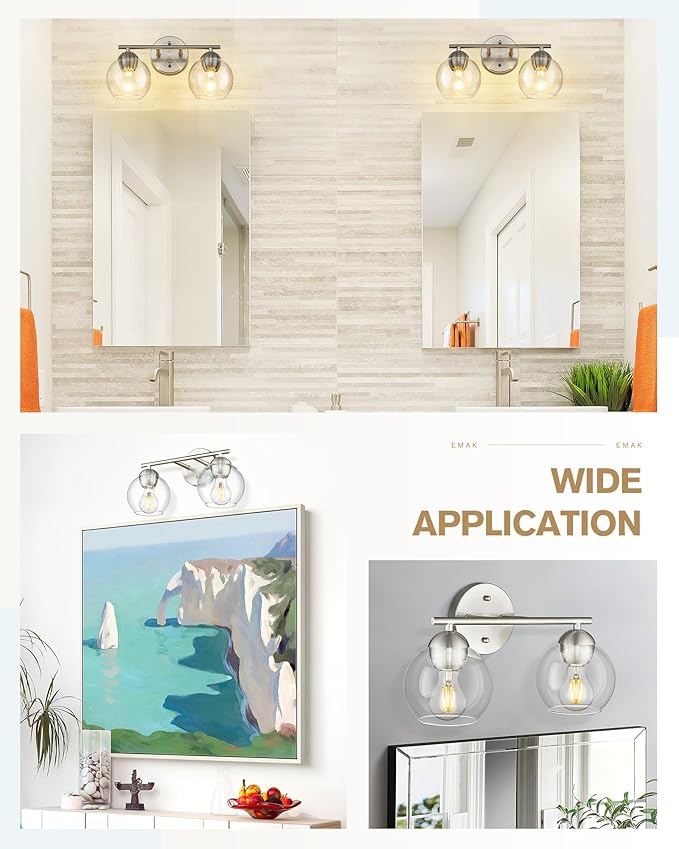 Emak Brushed Nickel Vanity Lights, 2-Light Bathroom Light Fixtures with Clear Glass Shade, Modern Globe Vanity Light for Bathroom, VL114-BN-2