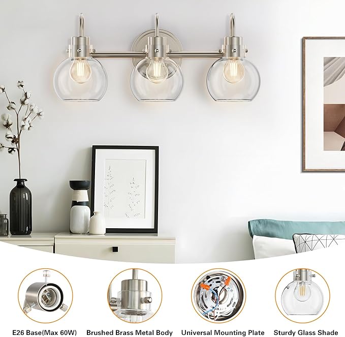 3 Lights Vanity Light, Brushed Nickel Bathroom Light Fixtures, Farmhouse Wall Sconces with Globe Clear Glass Shade, Porch Wall Mount Lamp for Mirror, Kitchen, Porch, Living Room, Workshop (E26 Base)