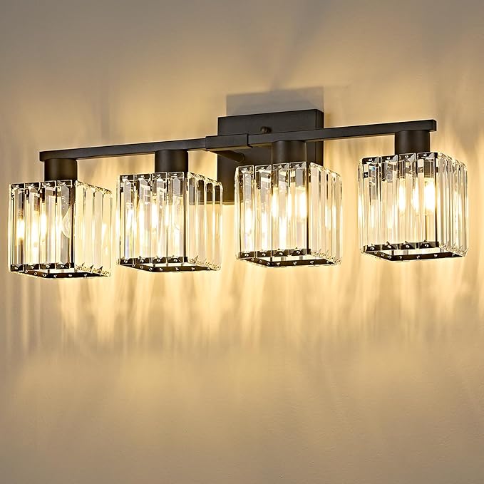 OKELI 4-Light Bathroom Light Fixtures, Modern Black Crystal Wall Light for Bathroom,Lighting Fixtures Over Mirror