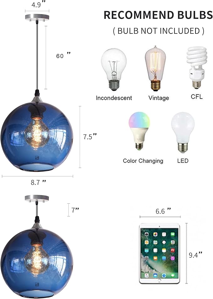 ARIAMOTION Pendant Lighting for Kitchen Island Hand Blown Glass Modern Blue Bubbles Light Over Sink Bar Bedroom Vintage Globe 8.7 InchDiam