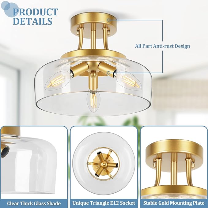 TOBUSA 3-Light Gold Semi Flush Mount Light Fixture, Modern Ceiling Light with Drum Glass Shade, Golden Ceiling Lamp for Living Room Kitchen Bedroom Hallway Bathroom Laundry, E12 Socket, No Bulbs