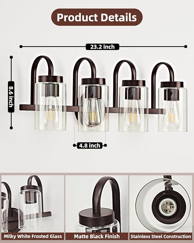 4 Light Bathroom Vanity Light, Black Coffee Vanity Lights for Bathroom, Modern Light Fixtures Over Mirror with Clear Glass Shade, Wall Sconce Lighting for Bedroom