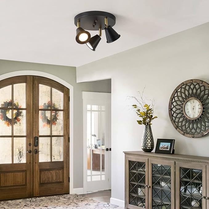 SEEBLEN 3-Light Industrial Directional Track Lighting, Adjustable Round Ceiling Spotlight, Morden Black Flush Mount Kitchen Light for Kitchen,Hallway,Dining Room,Porch,Office.Gu10 Bulbs Included