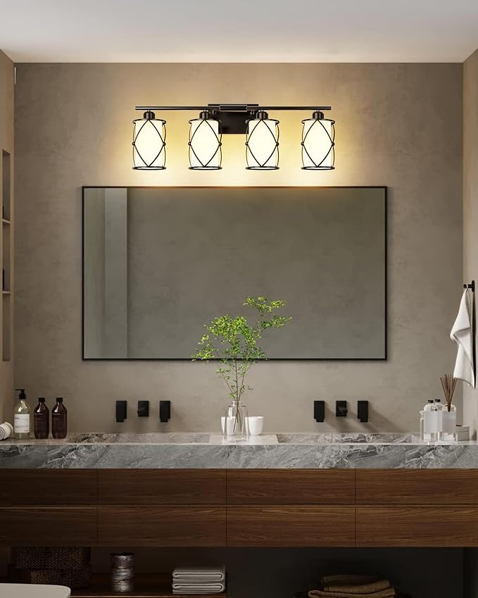 4-Light Black Bathroom Light Fixtures with Milk White Frosted Glass, 29" Modern Bathroom Vanity Lighting Fixtures Over Mirror with Metal Cage, Wall Sconce Lights for Bath, E26, CH9176BKW-4W