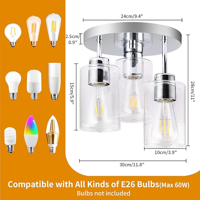 Semi Flush Mount Ceiling Light 3-Light Chrome Flush Mount Ceiling Light Fixtures with Clear Glass Shade, Modern Kitchen Ceiling Light for Bedroom Stairs Porch Hallway Entryway, E26 Socket