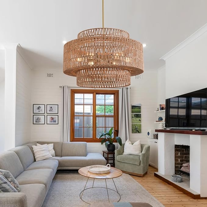 Boho Rattan Chandelier, 6-Light Dining Room Light Fixture,23.62" Wicker Pendant Lighting with3-Tier Woven Lampshade, Large Farmhouse Chandeliers for Kitchen