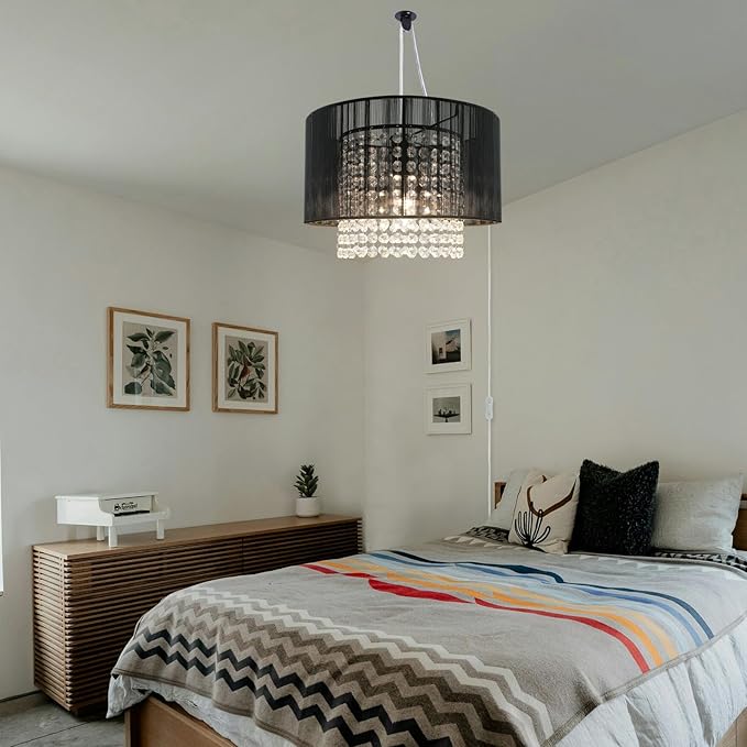 TISLYCO Plug in Chandelier, Crystal Chandelier Lighting with Long Cord 15ft and On/Off Switch, Hanging Pendant Light Plug in, Hanging Lamps That Plug into Wall Outlet for Bedroom Living Room