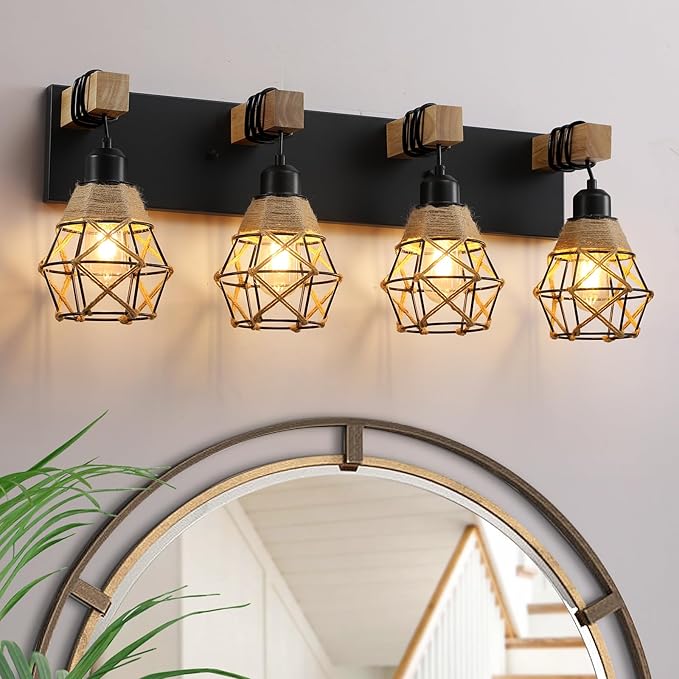 LmnLvn Farmhouse Bathroom Light Fixture, 4-Light Black Rattan Vanity Light, Boho Bathroom Light Fixture Over Mirror Rustic Vanity Lighting with Handwoven Shades, Suit for Restroom, Bedroom, Hallway