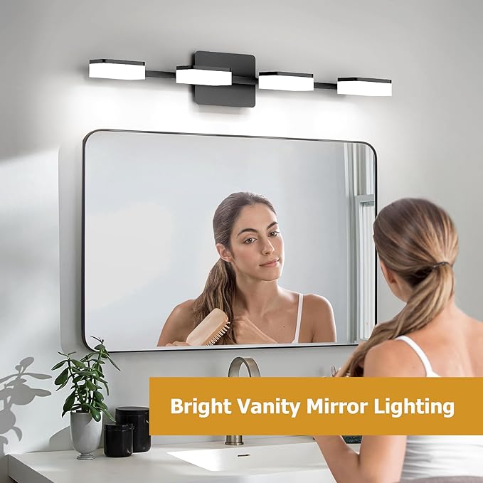 4 Light Acrylic Bathroom Light Fixtures, Modern Black Bathroom Vanity Light, Matte Black Wall Lighting Fixtures Over Mirror, Adjustable LED Vanity Light (White Light 5500K)