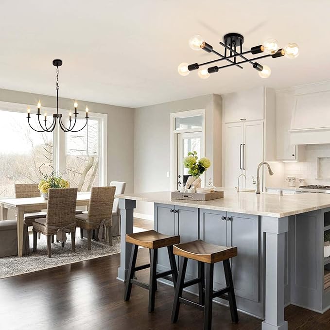 6-Lights Semi Flush Mount Modern Ceiling Light Fixture, Industrial Ceiling Light, Black Vintage Metal Sputnik Chandelier, Farmhouse Lighting for Kitchen Dining Room Living Room Bedroom