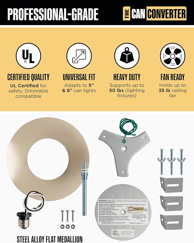 The Can Converter R56 Recessed Can Light Conversion Kit w/ 7"¾ Flat Ceiling Medallion - Home Improvement for 5" & 6" Cans, Converter Kit for Ceiling Fan & Light Fixture, UL Certified, Polished Nickel