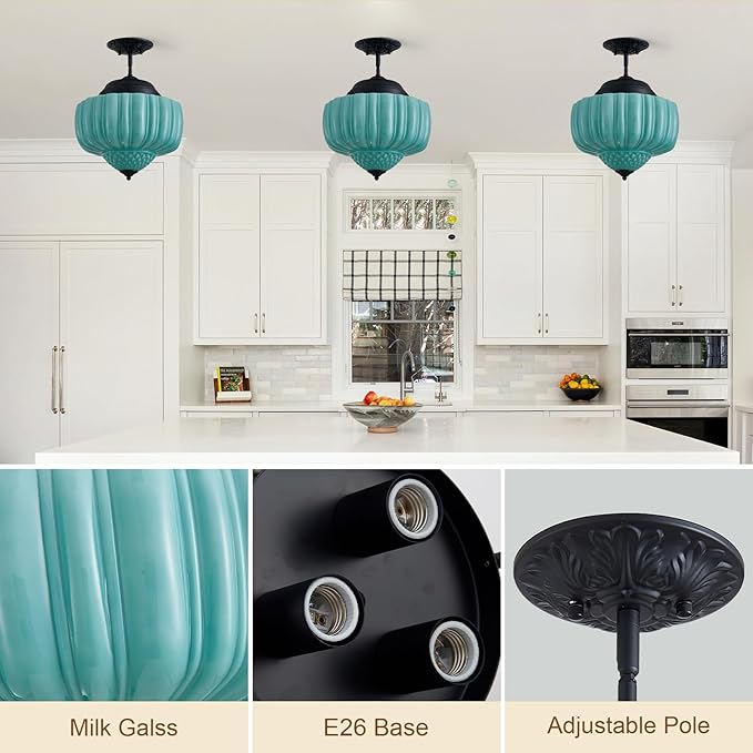 13.8" Milk Glass Ceiling Light Fixture 3 Lights Vintage Chandelier Schoolhouse Pendant Light with Mint Green Glass Shade, Mid Century Lighting Fixture for Kitchen Island Dining Room