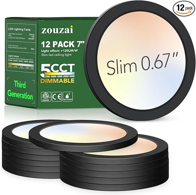 zouzai 7 Inch Low Profile Round LED Flush Mount Ceiling Light, 15W 1510LM, 5CCT 2700K/3000K/4000K/5000K/6000K, Dimmable, Surface Mounted, Modern Indoor Lighting for Bedroom, Hallway (Black, 12Pack)