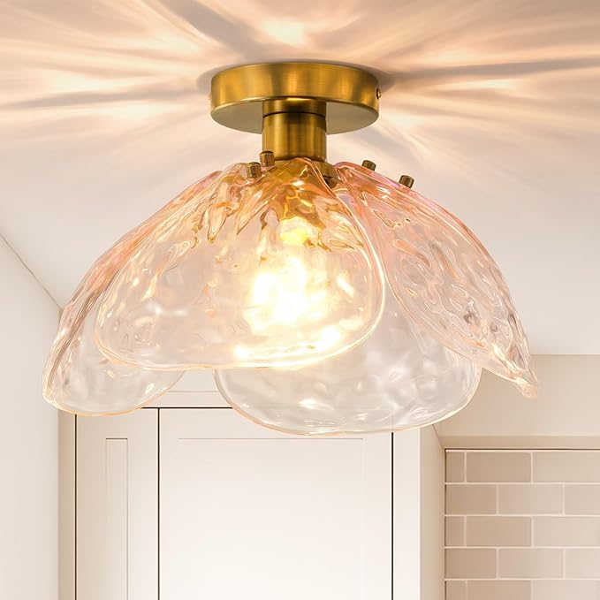 Vintage Semi Flush Mount Ceiling Light,Bronze Ceiling Light Fixtures with Gradient Pink Handmade Leaf Glass for Bedroom,Kitchen,Hallway,Entryway