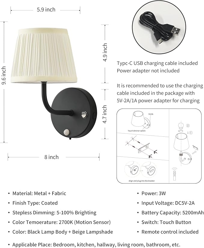 PUSU Motion Sensor Black H9.6 inch Small Wall Sconces Set of 2, LED Cordless Rechargeable 5200mAh Battery Operated Fabric Wall Lamps with Remote, Lighting for Living Room, Bedroom, Hallway, Stairs