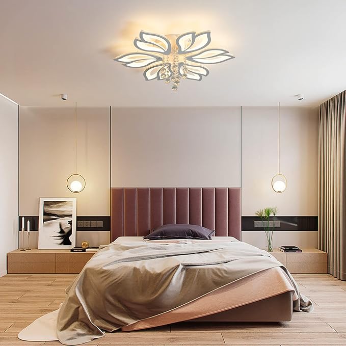Garwarm Modern Ceiling Light,27.1" LED Dimmable Chandelier Light Fixture,56W Flower Flush Mount Ceiling Lamp for Dining Room Living Room Bedroom Kitchen Office Entryway Hallway Lighting Fixture,White